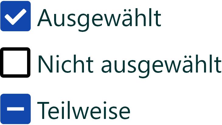 Eine ausgewählte, eine nicht ausgewählte und eine teilweise ausgewählte Checkbox.