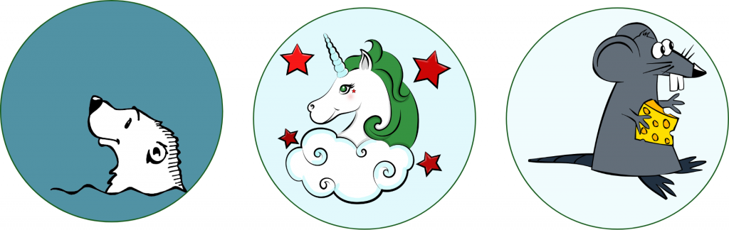 Darstellungen von drei Avataren: Ein Eisbär, ein Einhorn, eine Maus